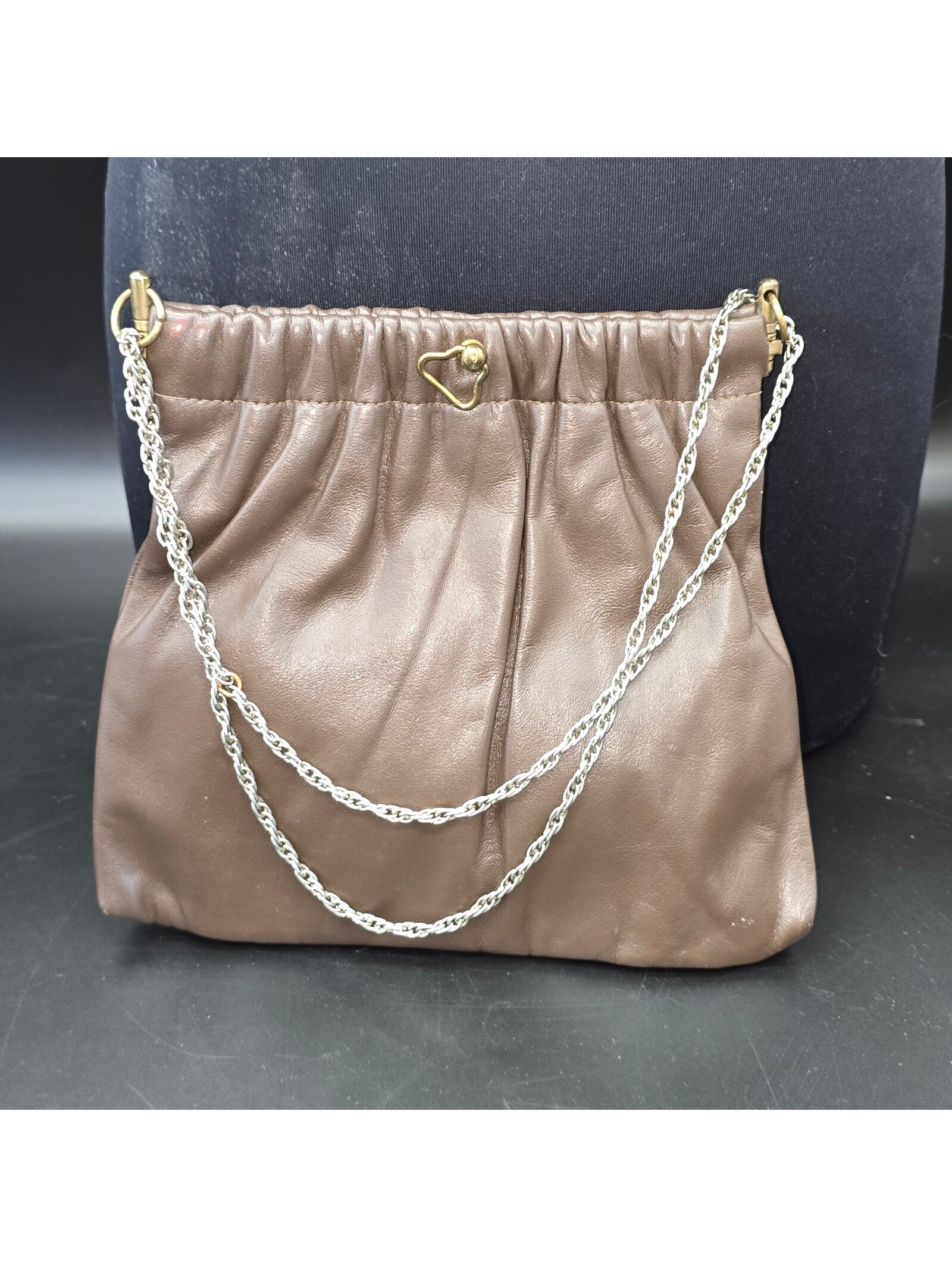 Vintage Ruched Chocolate Faux Leather Chain Pouch Bag